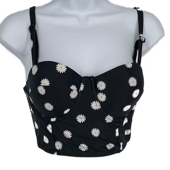 Bikini Top Contoured in Daisy Print on Black Size Medium - Picture 1 of 5